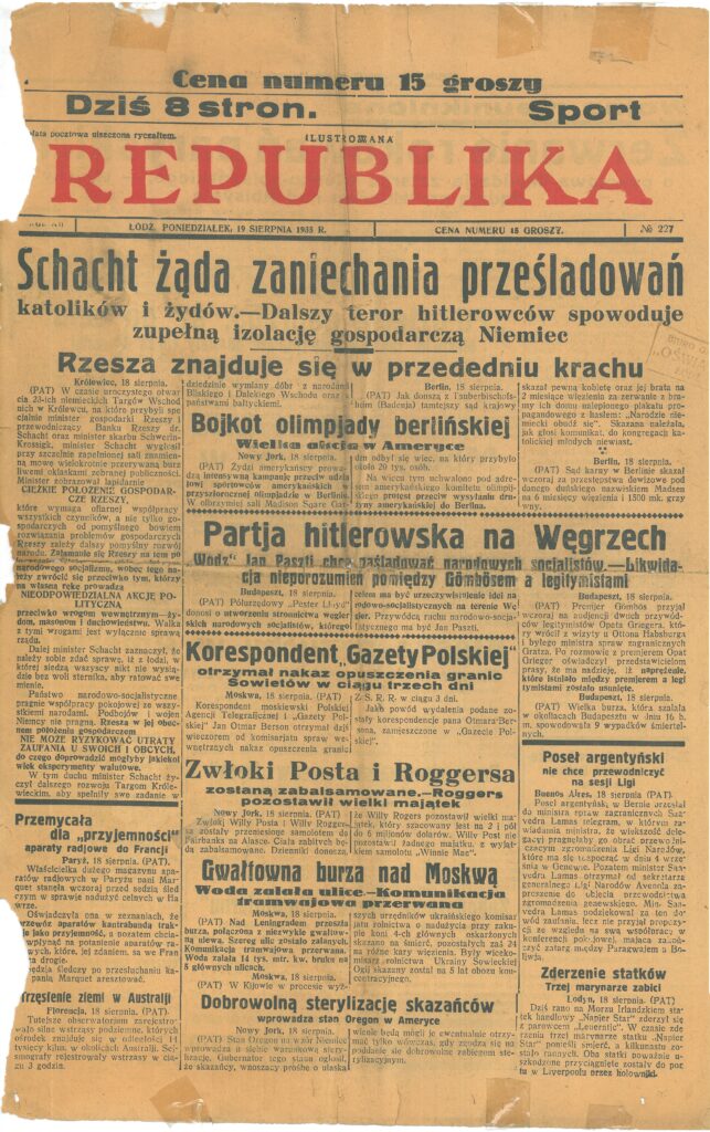 Pierwsza strona gazety "Republika"