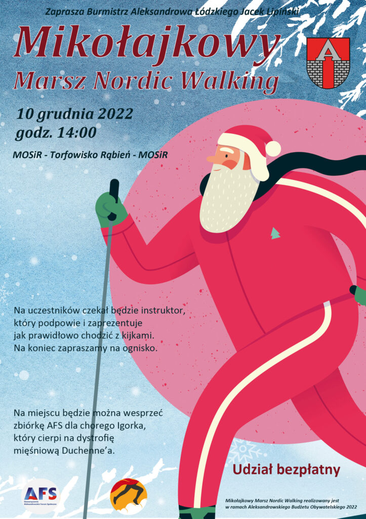 Plakat promujący Mikołajkowy Marsz Nordic Walking