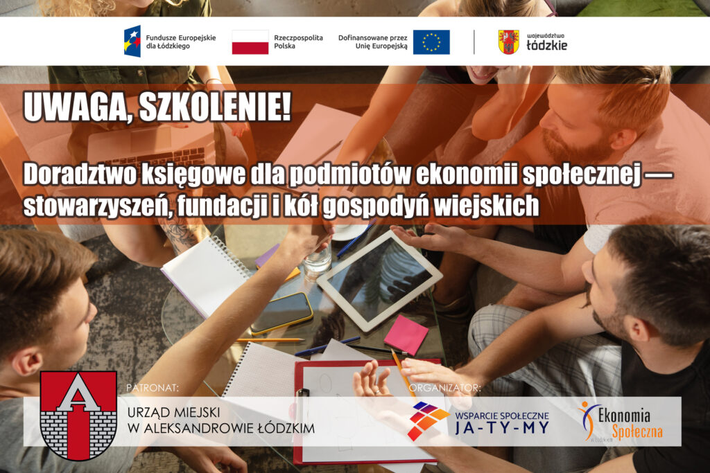 Grafika zachęcająca do udziału w szkoleniu: „Doradztwo księgowe dla podmiotów ekonomii społecznej - stowarzyszeń, fundacji i kół gospodyń wiejskich."