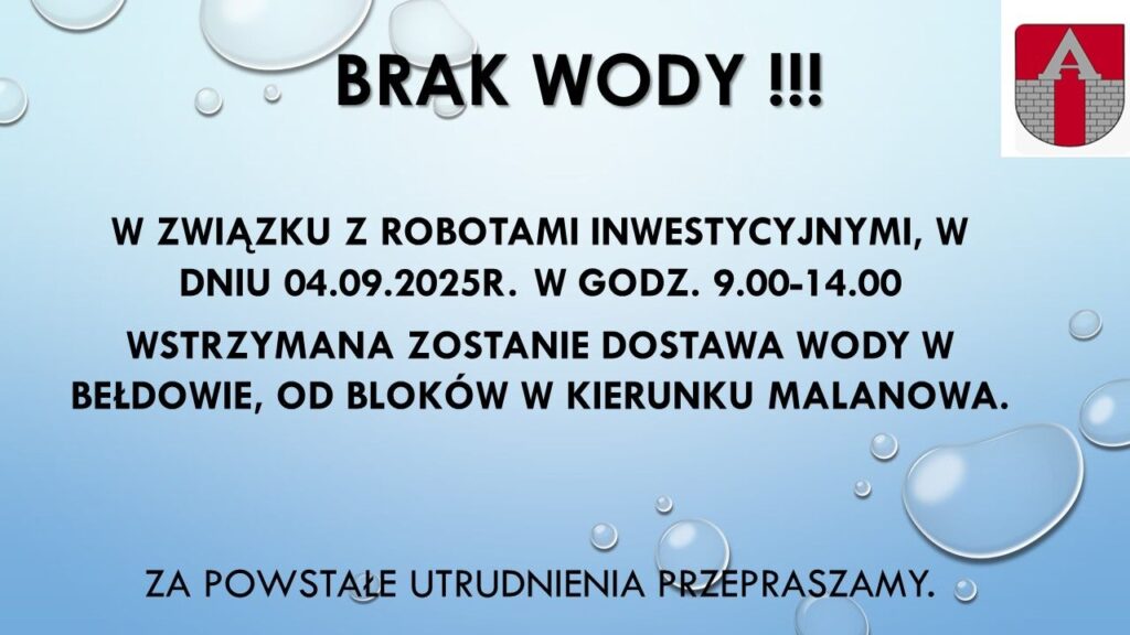 Informacja o braku wody w Bełdowie dniu 04.09.2025 r.